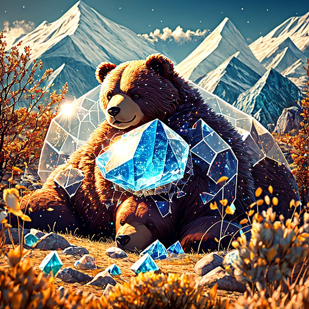 A gigantic bear cloaked in transparent crystals, residing deep within the mountains, shimmering beautifully under the sunlight, displaying the serene and majestic Crystal Bear