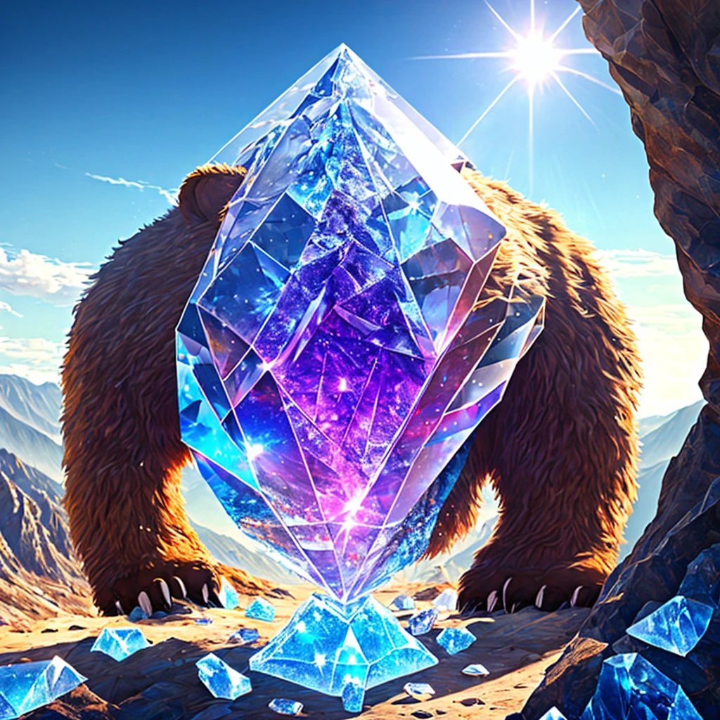 A gigantic bear cloaked in transparent crystals, residing deep within the mountains, shimmering beautifully under the sunlight, displaying the serene and majestic Crystal Bear