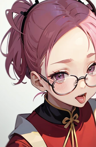 ２０Old woman、Pink Hair、Short Hair、Pigtails、Showing his forehead、Wear glasses、China dress、The inside of the mouth is visible、tongue、teeth、Looking up