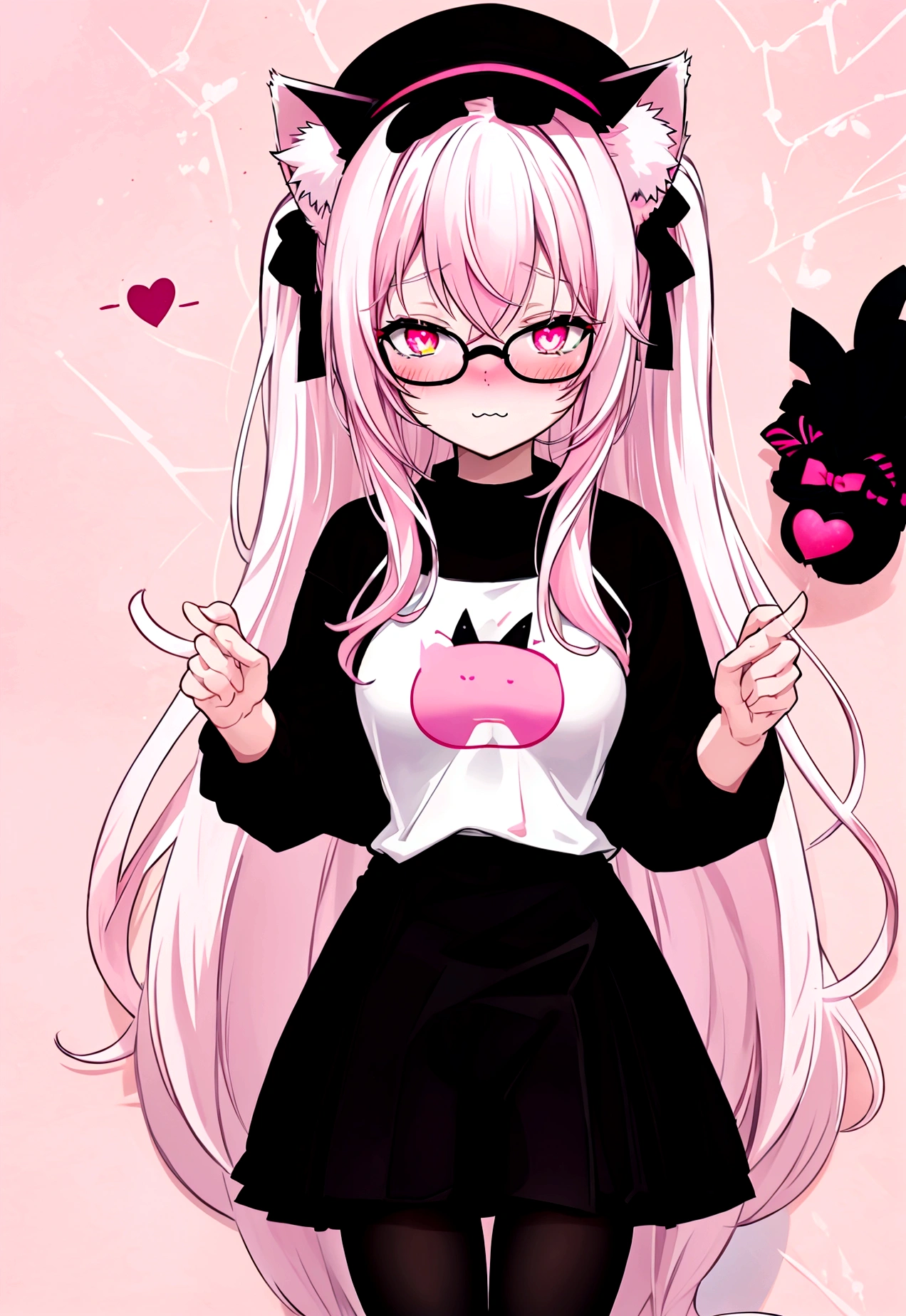 I have white pink hair, cat ears, A good, my face is super red, black glasses, pink heart eyes, a big pink sweatshirt, a black skirt, black stockings, White shoes, A cat&#39;s cola, a woman. very shy