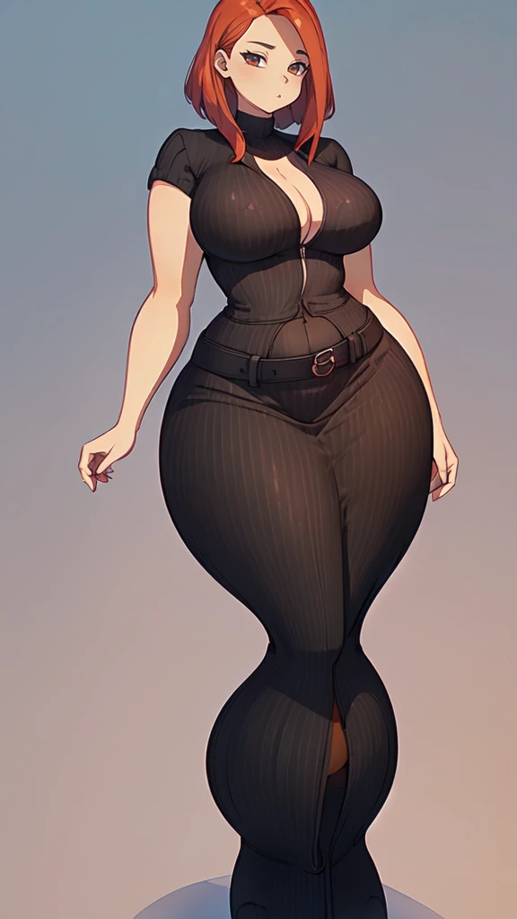 blank background, (((full body))), (masterpiece), ((best quality)), ((tall girl)), straight hair ((curvy:1.8)), (short skirt), shoes, belt below navel, redhead hair,, (black suit and tie), wide hips
