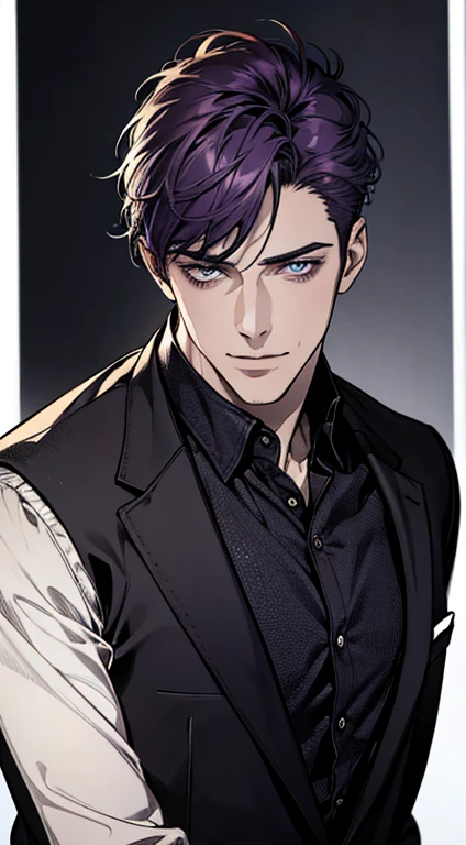 (best quality,4k,8k,highres,masterpiece:1.2),ultra-detailed,(realistic,photorealistic,photo-realistic:1.37),1 man,31 years old,mature man,very handsome,without expression,smile,short purple hair,blue eyes,penetrating gaze,perfect face without errors,imposing posture,businessman,office background,cinematic lighting,hdr image