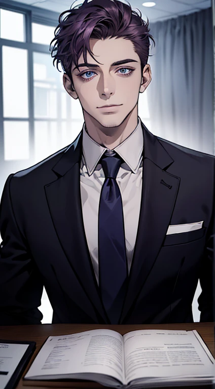 (best quality,4k,8k,highres,masterpiece:1.2),ultra-detailed,(realistic,photorealistic,photo-realistic:1.37),1 man,31 years old,mature man,very handsome,without expression,smile,short purple hair,blue eyes,penetrating gaze,perfect face without errors,imposing posture,businessman,office background,cinematic lighting,hdr image