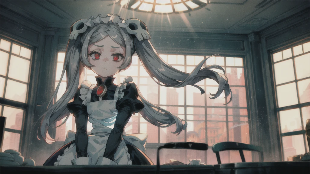 1girl, solo, indoors, skg_marie, maid, maid apron, maid headdress, twin tails, skull hair ornament, red brooch, juliet sleeves, light rays, glow, (masterpiece), thick thighs, wide hips, whole body 