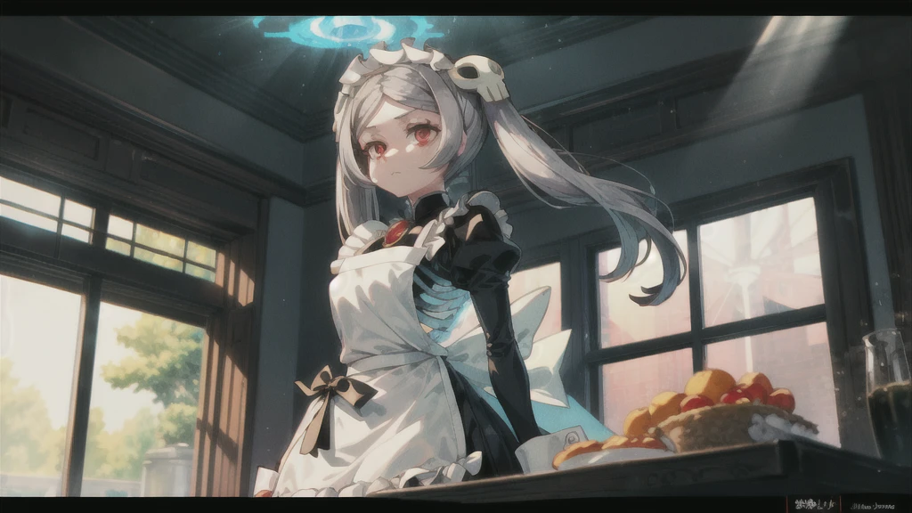 1girl, solo, indoors, skg_marie, maid, maid apron, maid headdress, twin tails, skull hair ornament, red brooch, juliet sleeves, light rays, glow, (masterpiece), thick thighs, wide hips, whole body 