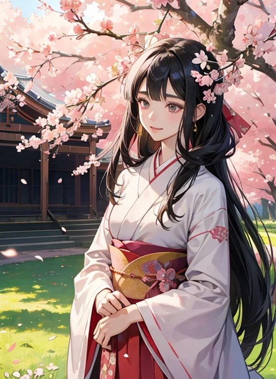 "Konohanasakuya-hime, the Japanese goddess of cherry blossoms from mythology. Depict a beautiful woman standing under a canopy of blooming cherry trees. She is dressed in a traditional, elegant kimono with cherry blossom patterns, and her hair is adorned with cherry blossoms. She is surrounded by petals gently falling in the breeze, and a soft smile graces her face. The background features a serene spring landscape, with soft sunlight filtering through the trees. Konohanasakuya-hime embodies the beauty of nature and fertility."

