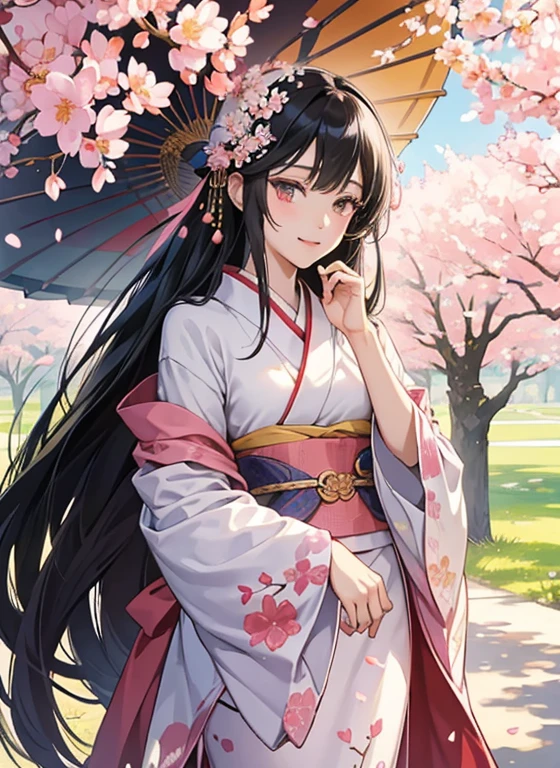 "Konohanasakuya-hime, the Japanese goddess of cherry blossoms from mythology. Depict a beautiful woman standing under a canopy of blooming cherry trees. She is dressed in a traditional, elegant kimono with cherry blossom patterns, and her hair is adorned with cherry blossoms. She is surrounded by petals gently falling in the breeze, and a soft smile graces her face. The background features a serene spring landscape, with soft sunlight filtering through the trees. Konohanasakuya-hime embodies the beauty of nature and fertility."

