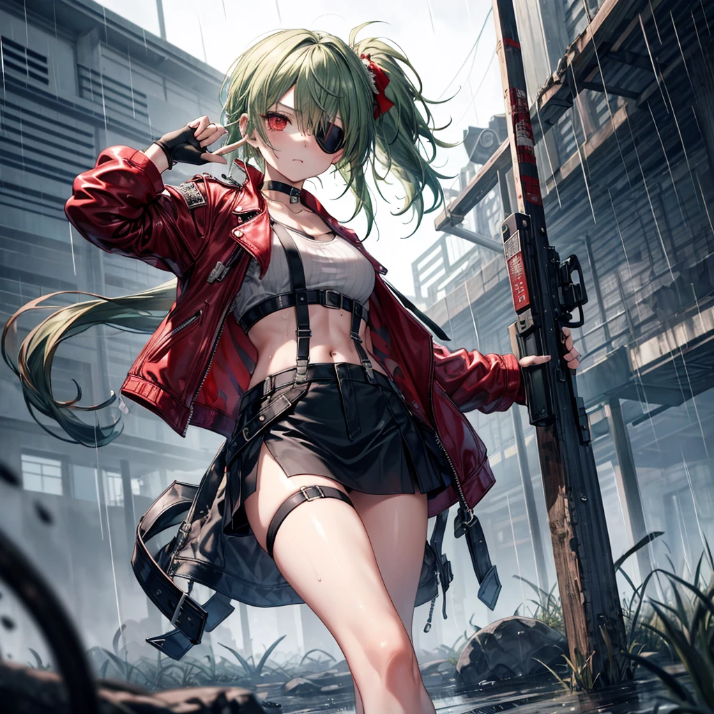 ((Highest quality)), ((masterpiece)), ((detailed)), (4K), 1woman, 独奏, ((eyepatch)), red eye, middle hair, messy hair, green hair, side ponytail, (fighter), crop top, leather jacket, medium breasts, see through, Torn miniskirt, suspender skirt, torn pantyhose, choker, bracelet, ((rain)), (wet), gloves, (expressionless), scowl, (from below), (looking down), face focus, looking at viewer, (open legs), fighting stance, wasteland, town, blurry background