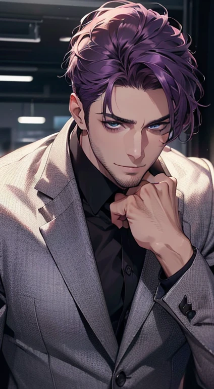 (best quality,4k,8k,highres,masterpiece:1.2),ultra-detailed,(realistic,photorealistic,photo-realistic:1.37),1 man,31 years old,mature man,very handsome,without expression,smile,short purple hair,blue eyes,penetrating gaze,perfect face without errors,imposing posture,businessman,office background,cinematic lighting,hdr image
