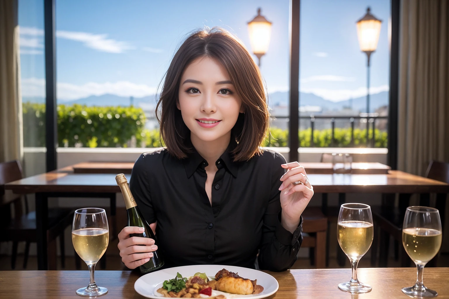 ((Highest quality、8K、masterpiece:1.3))、slimカップル、modelカップル、(Realistic, Intricate details:1.2), full-course dinner、Wine Party、Amazing view of the sunset sky and clouds、A bright smile、The wonderfulness of smile、Bright image、The beauty of wine, Beautiful Face, blue eyes, The light shines on your face, Blushing, short hair,Bright Face、 (Age 37), 39 years old, red wine 、Appetizers、Italian food、Wine bottle、Champagne、sparkling wine、Two beauties、Brown Hair、Shortcuts、Long sleeve shirt、dress、Beautiful woman 1, (slimな顔), (The body is slim), (Brown Hair), (Shortcuts), cheeks turn a little red,Attractive beauty、restaurant, In a prominent place (From the waist up) Nova Frog Style, actress, model, Upper Body, White wine, slim, wine glass, 中央に置かれたwine glass, smile, (smile: 1.15), Beautiful fine grain, Depth f/2,saturation, High Contrast, Strong light and shadow,Moist Body:1.5、3D texture、Delicate eyes、Brown Hair、The hair is very shiny、