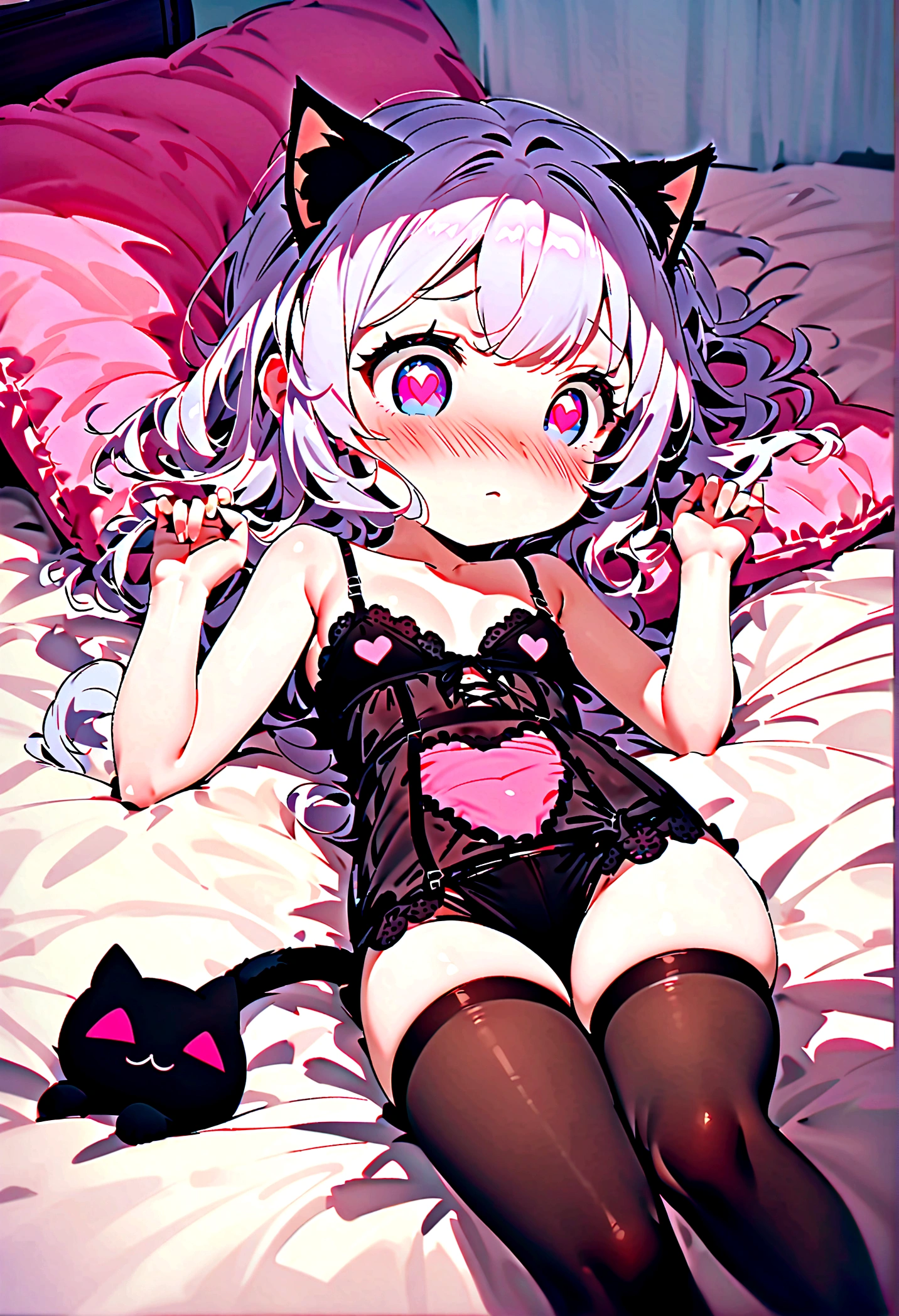 I have white pink hair, cat ears, a bun, my face is super blushing, black glasses, pink heart eyes, and if you could, in lingerie, black stockings, a cat's tail, a very shy girl, that you are lying on your bed how suspicious it is very small