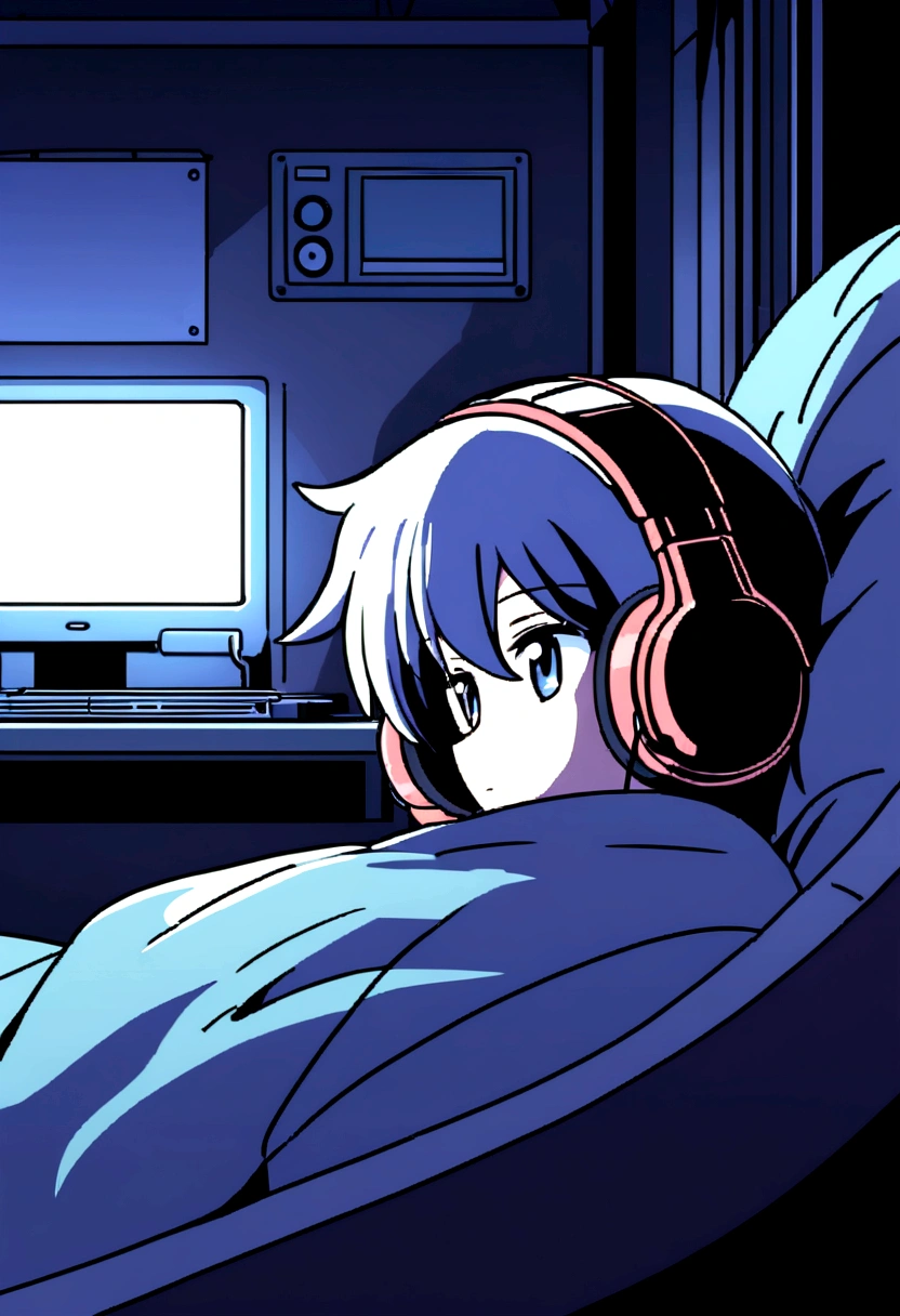 night、Girl listening to music in a cozy room, Use headphones, 2D Style Anime, Lo-Fi, hard disk, Dark Environment