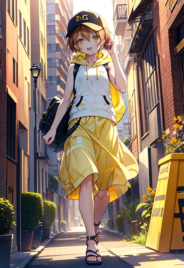 Rin Hoshizora (Yellow Eyes:1.5), Hair between the eyes, Brown Hair,Short Hair,happy smile, smile, Open your mouth,Baseball hats,Oversized sleeveless hoodie,Long skirt,Cute Sandals,Daytime,Clear skies,Walking,whole bodyがイラストに入るように, break looking at viewer, whole body break outdoors, Building district, break (masterpiece:1.2), Highest quality, High resolution, unity 8k wallpaper, (figure:0.8), (Beautiful attention to detail:1.6), Highly detailed face, Perfect lighting, Highly detailed CG, (Perfect hands, Perfect Anatomy),