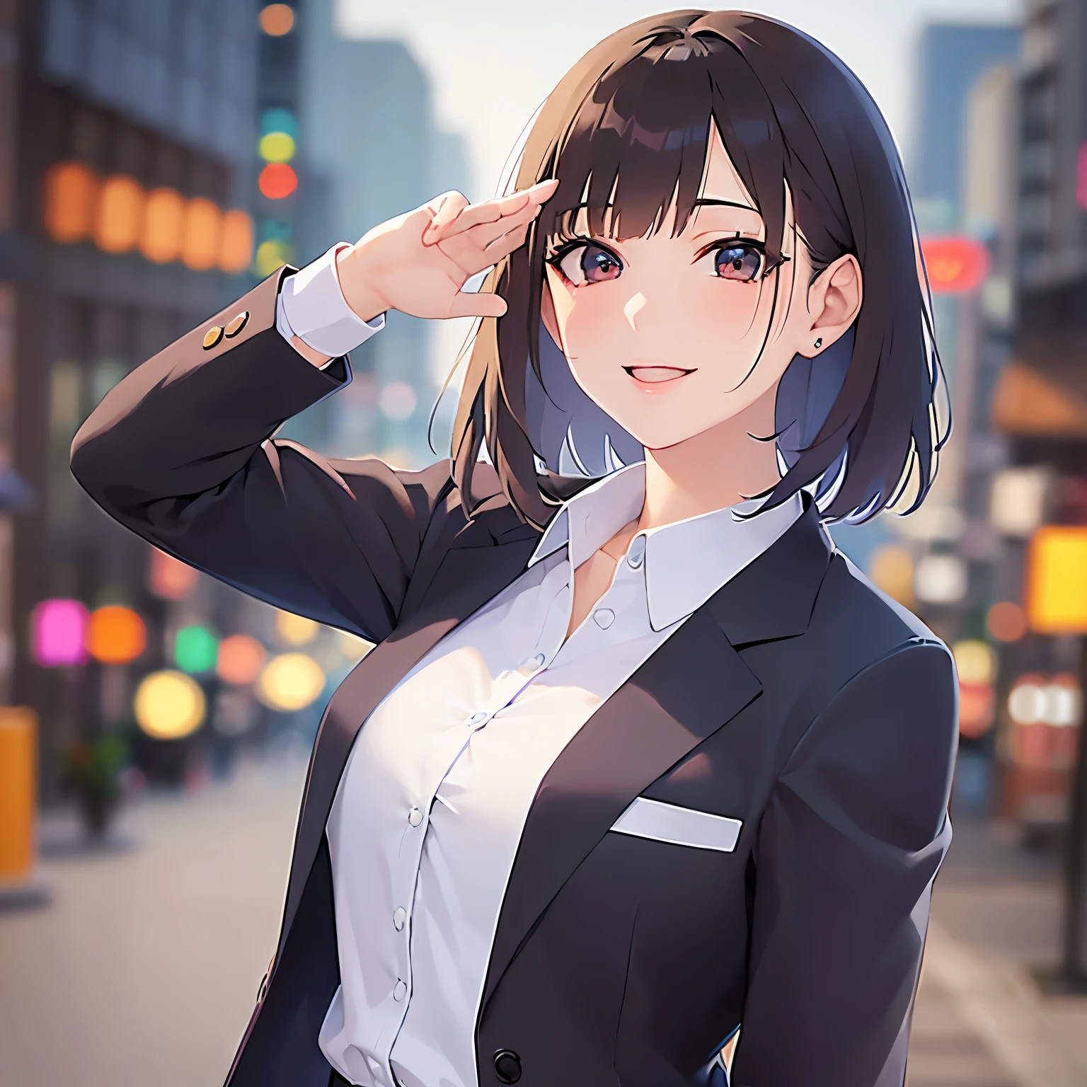 lookin at viewer,upper Body, salute、
Realistic, real person, (pale skin: 1.2), RAW photo, photorealistic, shiny skin, shiny hair、 (A 25-year-old woman with bob hair and bangs:1.5) and (wavy hair) and (brown hair) and (Orange Eyes)、
(business suit:1.5)and (Wearing a white collared shirt)、
blush,(smile:1.5),The background is the city at night、Night Sky