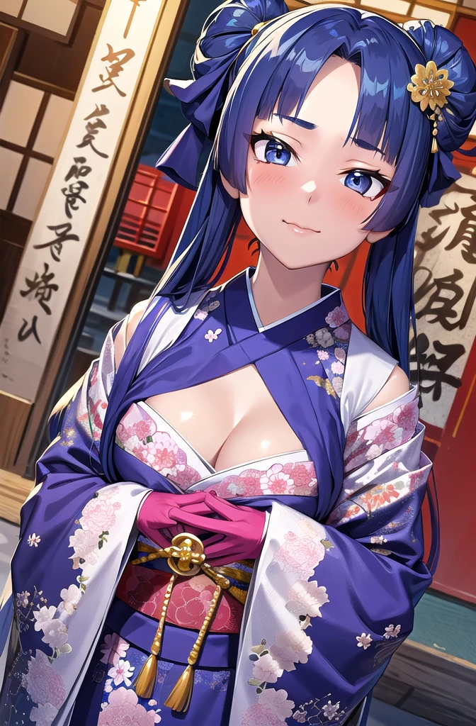 ,yatsu_murasaki,scrore_9,score_8_up,score_7_up,1girl,solo,dynamic angle,ymnym,cleavage,japanese clothes,kimono,hair ornament,wide sleeves,sash,obi,animal print,long sleeves,hair bow,east asian architecture,