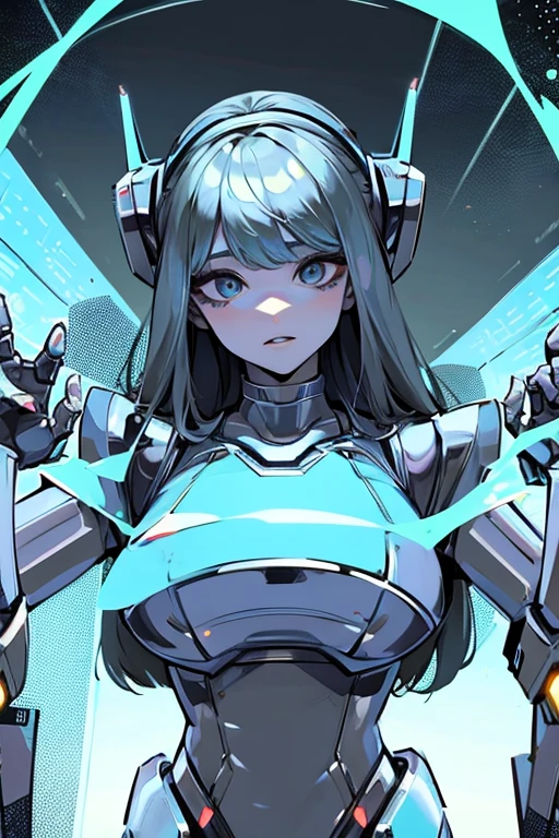 empty eyes,robotized woman ,big bust,Robot Joint ,Metal skin,dress,android,Robot Suit