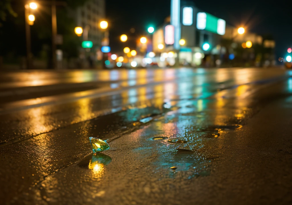 ((Best quality)), ((masterpiece)), (detailed), fantasy art, A macro photograph capturing a small raindrop about to fall on concrete, reflecting the lights of a downtown street at night. The shallow depth of field adds realism to the scene