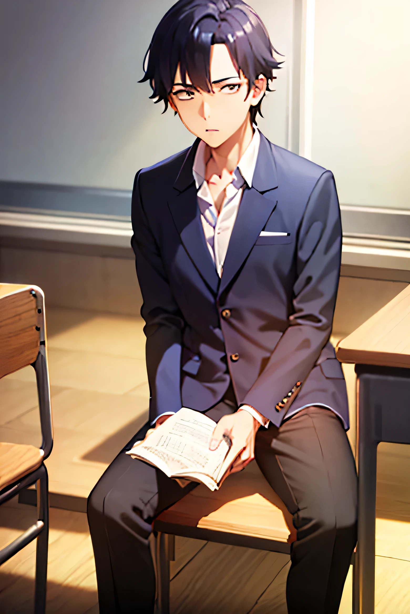 masterpiece, best quality, ultra-detailed, illustration, inside classroom, nobody in the class except him, sits in the right back corner chair, handsome, cool guy, black hair, japanese high , staring out of window, cold face, supporting his chin on the table