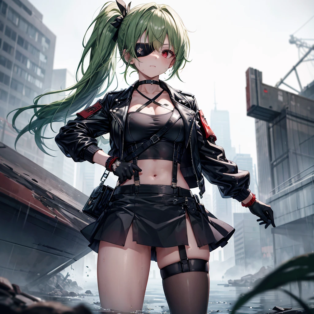 ((Highest quality)), ((masterpiece)), ((detailed)), (4K), 1woman, 独奏, ((eyepatch)), red eye, middle hair, messy hair, green hair, side ponytail, (fighter), crop top, leather jacket, medium , see through, Torn miniskirt, suspender skirt, torn pantyhohoker, bracelet, ((rain)), (wet), gloves, (expressionless), scowl, (from below), (looking down), face focus, looking at viewer, (open legs), fighting stance, wasteland, town, blurry background