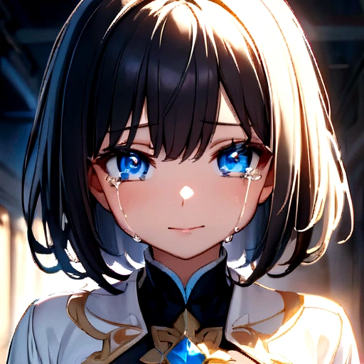 Crying anime girl with long black hair and blue eyes Mystical version