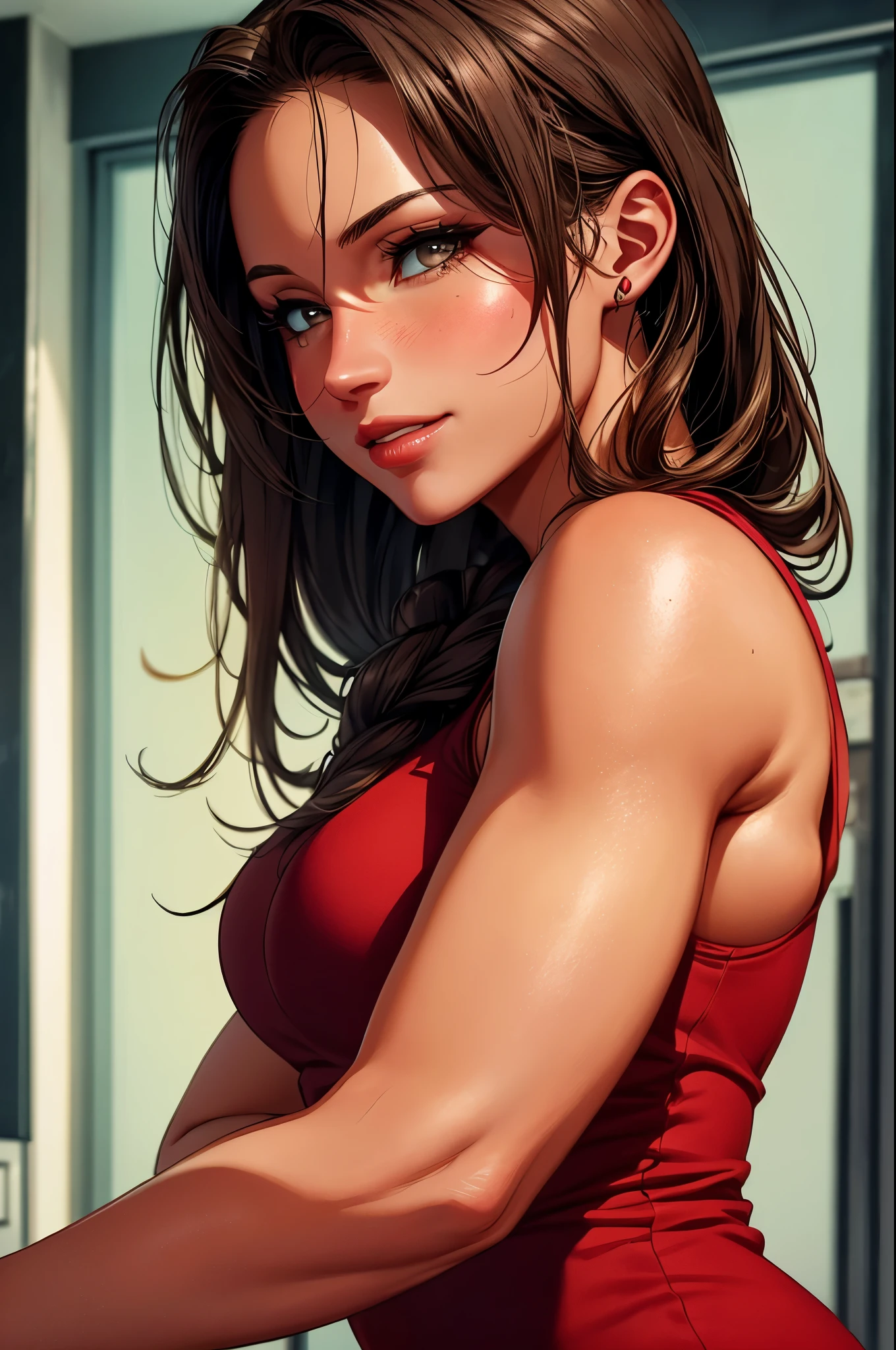 Lara Croft, Ultra-realistic 8K CG: An impressive teacher&#39;s masterpiece In the confines of a classical classroom, bathed in the soft glow of cinematic light, a captivating woman takes center stage. With a perfect body that has been meticulously sculpted, she exudes an air of authority and allure. Her black hair cascades down her back, framing a face adorned with delicate bone structure and blue eyes that sparkle with intelligence.

Her lips, a bold shade of red, bow in a slight, inviting smile, adding an irresistible charm to your alabaster complexion. Her dress, a simple but elegant