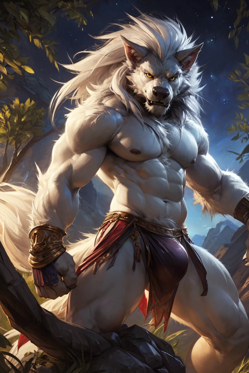 ultra-detailed, masterpiece, masterwork, high quality, best quality, hdr, (nature, night), posted on e621, (by darkgem), nsfw, male, solo, (white little body werewolf), canine, (long  silver hair, yellow eyes, white body, roar), stylish pose, dynamic angle, (bulge loincloth)