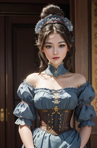 tmasterpiece，high resolution, a dynamic photorealistic picture of a beautiful and delicate aristocratic Asian maiden，the dark brown hair in a sophisticated bun, gorgeous gray-blue eyes giving an appraising look, a mysterious look, a haughty smile, pale skin, steampunk, pale pink ribbons, conservative Victorian clothing, ruffles, high collar