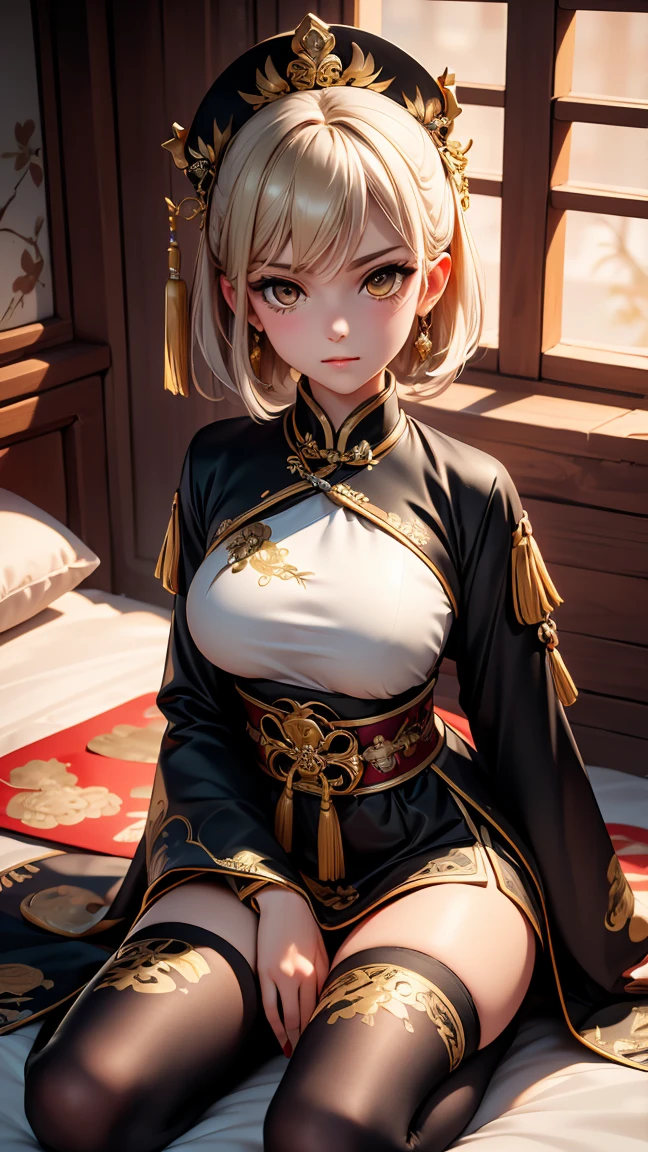 A very beautiful 19-year-old woman, (white hair:0.5), bob haircut, short hair, (yellow eyes:0.5) bright golden eyes, red nails, young beautiful face, muscular, slim but well-proportioned body, perfect white skin, highly detailed drawing, realistic face. (((Wearing traditional Chinese imperial clothes, black with gold decorations:0,5))) ((black clothing with gold details:0,3)) ((black robe with gold ornaments:0,3)) ((black dress with gold accents,)) ((red skirt with gold details:0,5)) (with red Hanafuda earrings:0,3) (garterbelt black thigh-high socks.) Kneeling on a white bed in an ancient Chinese room, with a full moon and stars visible through the window at night, with light flashes reflecting on her body. 4k anime art, perfect lighting.
