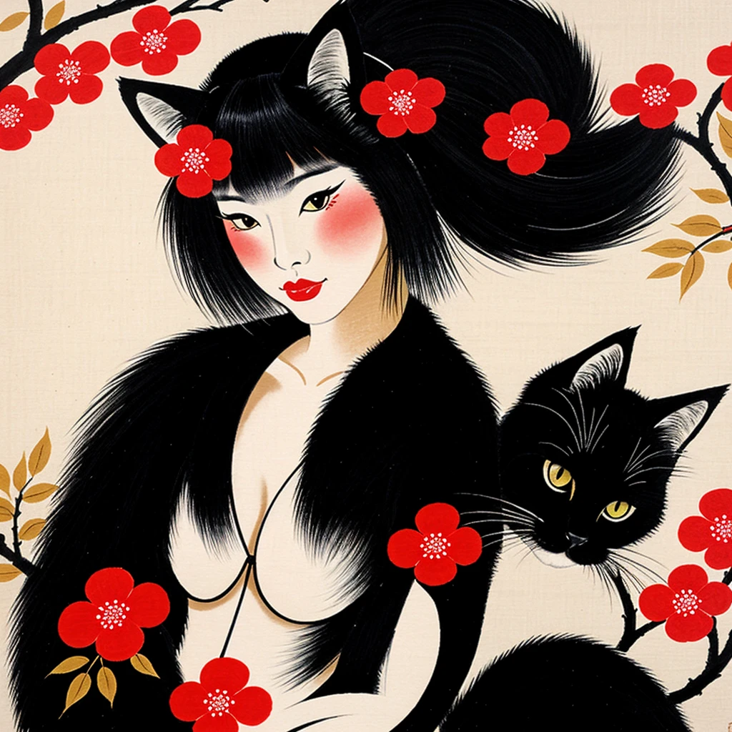 Geisha Sexy Sensual Beautiful Japanese flowers Japanese painting Cat drawing

 