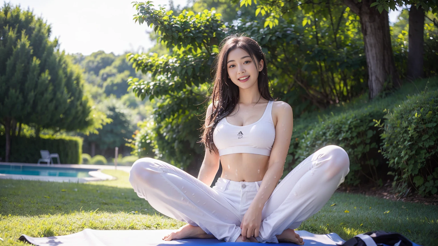 Open mouth and laugh out loud., 1 girl, a beautiful young woman, large breasts, loose flowing hair,Best Quality, Against the background of the beautiful scenery in the quiet forest,Masterpiece, Ultra High Resolution, (Realism: 1.4), Original Photo, 1Girl, I'm wearing a sports bra and white jeans., carefree, wet clothes:1.6, clinging, bright sunshine, photo realistic, a hard nipple, ,yoga pose,,yoga, On a yoga mat,(((Spread your legs 180 degrees)))
