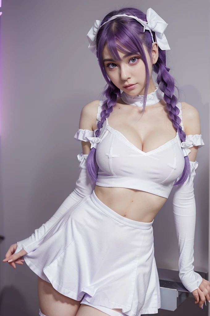 arafed woman with purple hair and white top posing for a picture, white and purple, anime girl cosplay, twintails white_gloves, skydoll noa, purple eyes and white dress, purple body, ahegao, purple aethetic, very aesthetic!!!!!!, cosplay, anime cosplay, seductive anime girl, ayaka cosplay, belle delphine