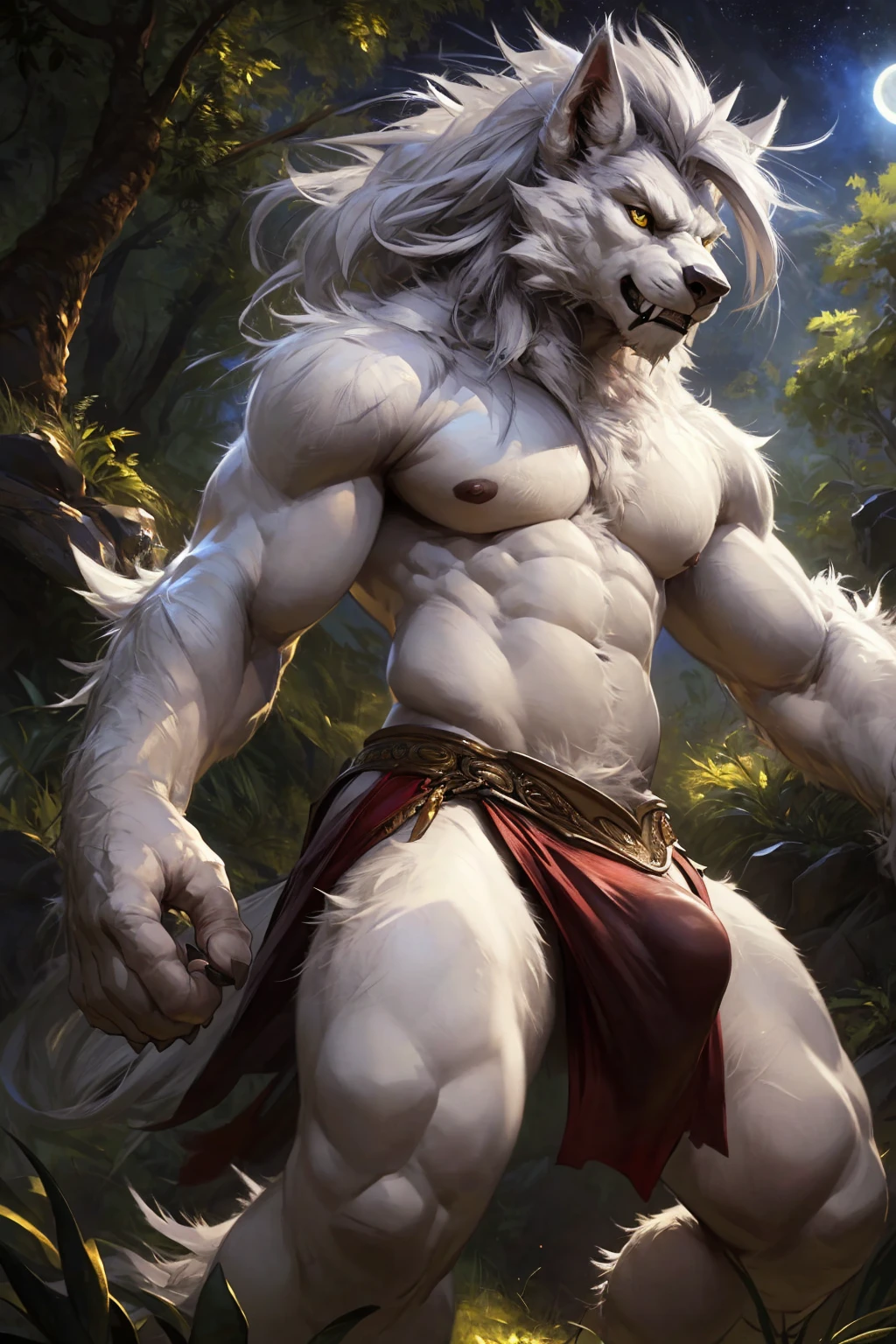 ultra-detailed, masterpiece, masterwork, high quality, best quality, hdr, (nature, night), posted on e621, (by darkgem), nsfw, male, solo, (white little body werewolf), canine, (long  silver hair, yellow eyes, white body, roar), stylish pose, dynamic angle, (bulge loincloth)