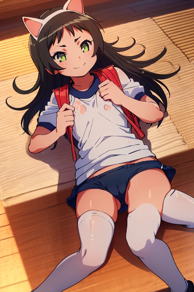 masterpiece, ultra quality, ultra sharp, ultra detailed, 1girl, solo, (good anatomy), haduki kurumi, (tattered torn dripping wet white gym shirt), navy gym pants, animal ears, randoseru, name tag, Japanese anime pose, laugh, BurumaShorts, Buruma, Gym Uniform, (((lying:1.4, spread_legs, legspread, split_legs, spreading legs)), (randoseru backpack:1.4), (((smirk smile))):1.4, buruma, blue buruma, black buruma, (cameltoe), (tattered torn short sleeve white gym uniform with colored hem), (tiny nipples), (white long loose socks), strong lighting, legspread, bukkake, cum on clothes, cum on legs, cum on buruma, cum on bloomers,