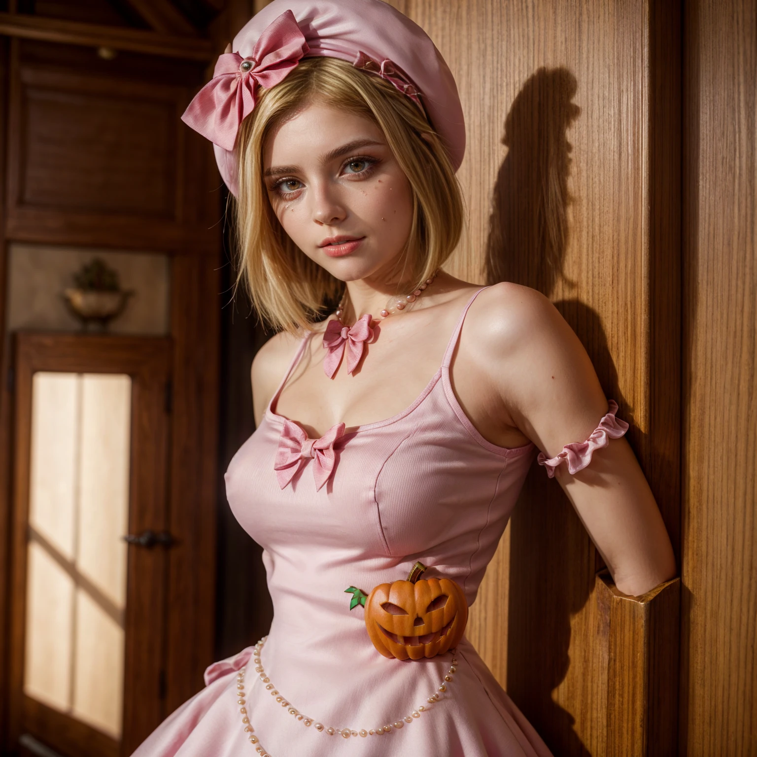 (1 lady), The beautiful, (Best quality at best:1.4), (ultra - detailed), (extremely detailed CG unified 16k), gold blonde hair, very detailed, High-definition RAW color photo, professional photoshooting, amazing face and eyes, cosmetics, (amazingly beautiful girl), ((lambdadelta, tall woman, taller)), ((dress, red bow, pink hat, necklace, gloves, pearl, pink dress, pumpkin brooch)), standing, realistic cinematic face, photo portrait, upper body (shoulders to head), photorealistic, ((realistic natural blonde hair style, red eyes)), gorgeous, extremely beautiful face, perfect model beauty, pout mouth, flirting smile, cleavages, city girl, western, (masterpiece), best quality, high resolution, extremely detailed, blurred background, depth of field, cinematic lighting, clear and well-cared skin, medium sized breast