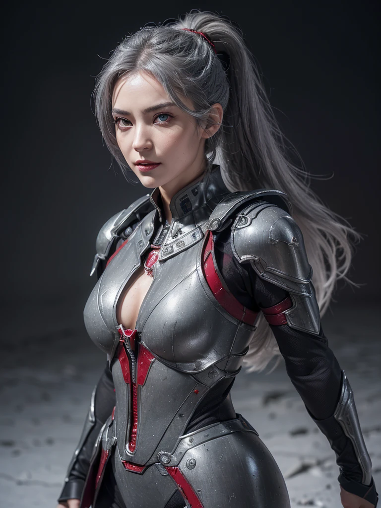 Masterpiece，Best quality，High resolution，8K，((portrait)),((head close-up)),(original photo，real photo，digital photo，28 year old woman，Ponytail, ((gray hair)),((eyes red，devil eyes)), jewelry，beautiful elegant，arrogant，noble and charming，(fantasy combat suit),((devil body)),(combat girl), photo pose，night，oc render reflection texture