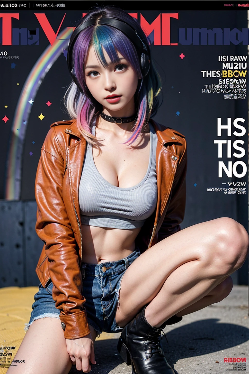 (from below:1.2),pov,shot front side:1.3,full body,BREAK  (8k RAW Photo,Live shooting, highest quality,masterpiece:1.37),Ulzzang-6500-v1.1,extreme light and shadow,oily skin:1.6,shiny skin:1.6,detailed clavicle,lens flare,（(1 girl)）,16yo,japanese idol,（alone）,3D,BREAK（looking at viewer）,perfect eyes,Detailed and beautiful eyes,beautiful eyelashes,perfect ???????,BREAK （(medium hair:1.2）,(multicolor hair:1.4）,（rainbow hair:1.4)）,（hanging bangs:1.6)）,（Aqours eyes),Gentle Smile,open mouth:0.2,BREAK （(Punk Fashion: 1.4,Wear headphones:1.3,guitar case)）,BREAK （(red Ladies leather jacket,print shirt,Low-rise denim shorts,Black leather boots with thick bottoms:1.3)）,（(Tattoo on the thigh)）,（(Tattoo on the arm)）,leather choker,BREAK （(dynamic pose:1.2),（squatting)）,（(Magazine cover background:2.0)）,（(A stamp of musical notes in the background)）,depth of field,Grey Film filter,colorful