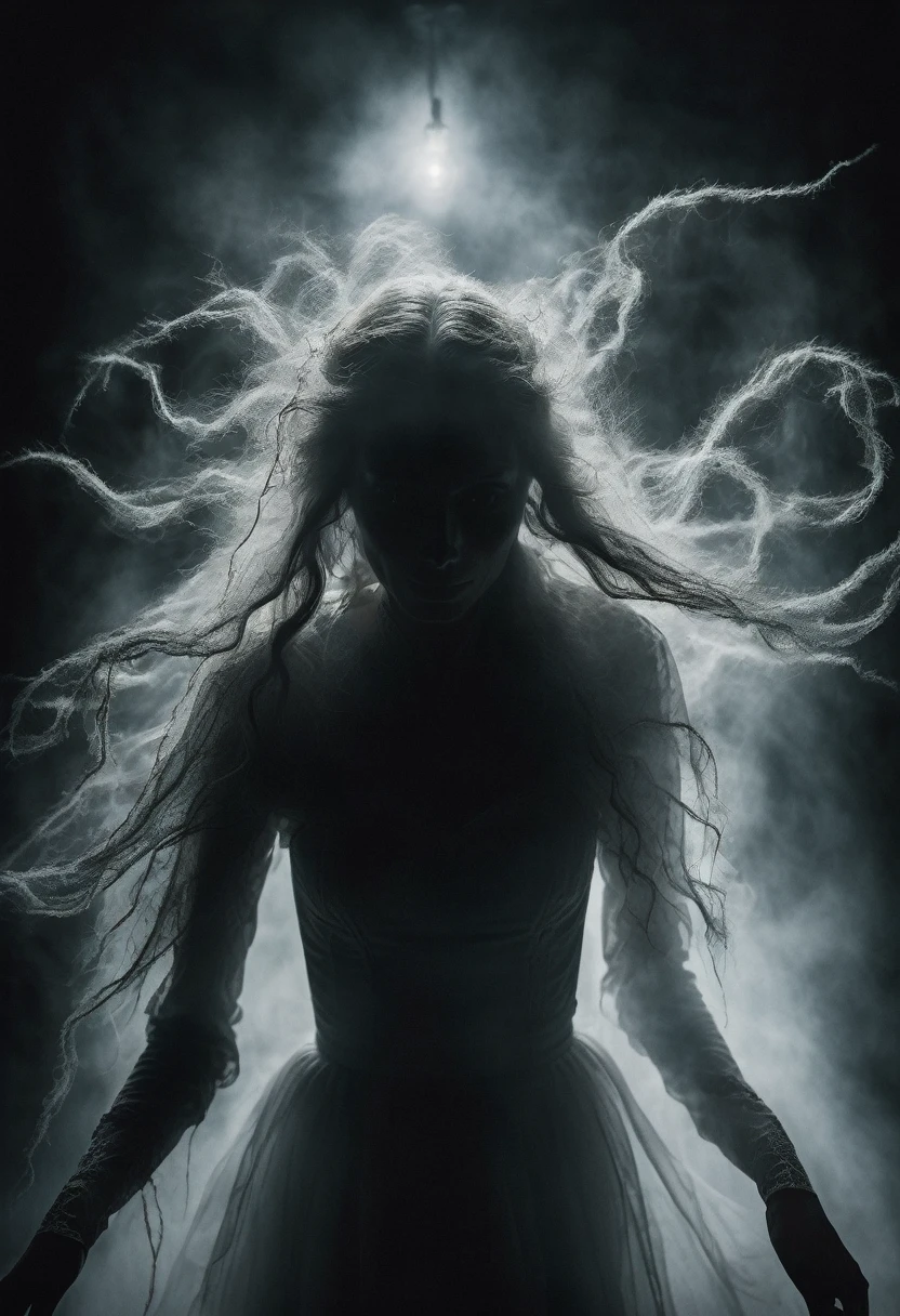 A haunting shot of a ghostly apparition emerging from the darkness, with ethereal tendrils stretching towards the lens like skeletal fingers. The dimly lit environment casts an eerie atmosphere, as the misty figure's face is obscured by the shadows.
