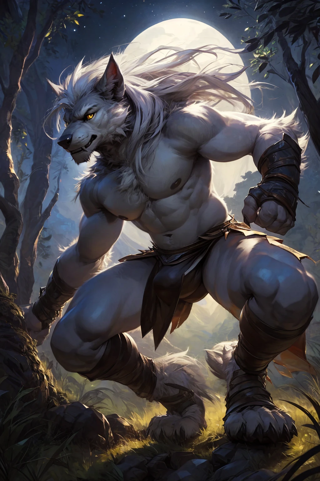 ultra-detailed, masterpiece, masterwork, high quality, best quality, hdr, (nature, night), posted on e621, (by darkgem), nsfw, male, solo, (white little body werewolf), canine, (long  silver hair, yellow eyes, white body, roar), stylish pose, dynamic angle, (bulge loincloth)