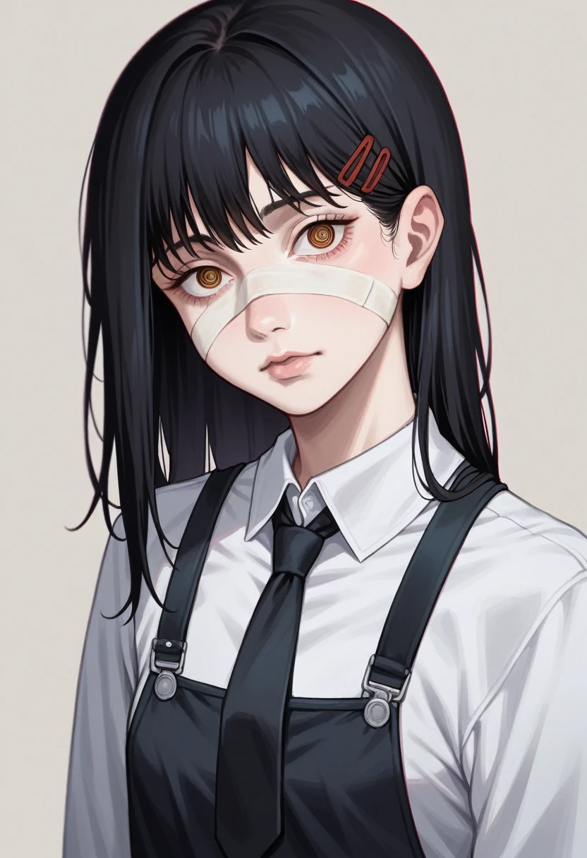 ((masterpiece, Highest quality)), (One girl), (alone), (Focus on women), night (Chainsaw Man),(Highly detailed face, The real picture, Realistic white skin, Realistic body, Intricate details), Upper Body, Severe , Brown eyes, Looking at the audience, bandage over the body, Black Hair, Long sleeve shirt, Pinafore dress, Black tie, bandage, bandage, Small breasts