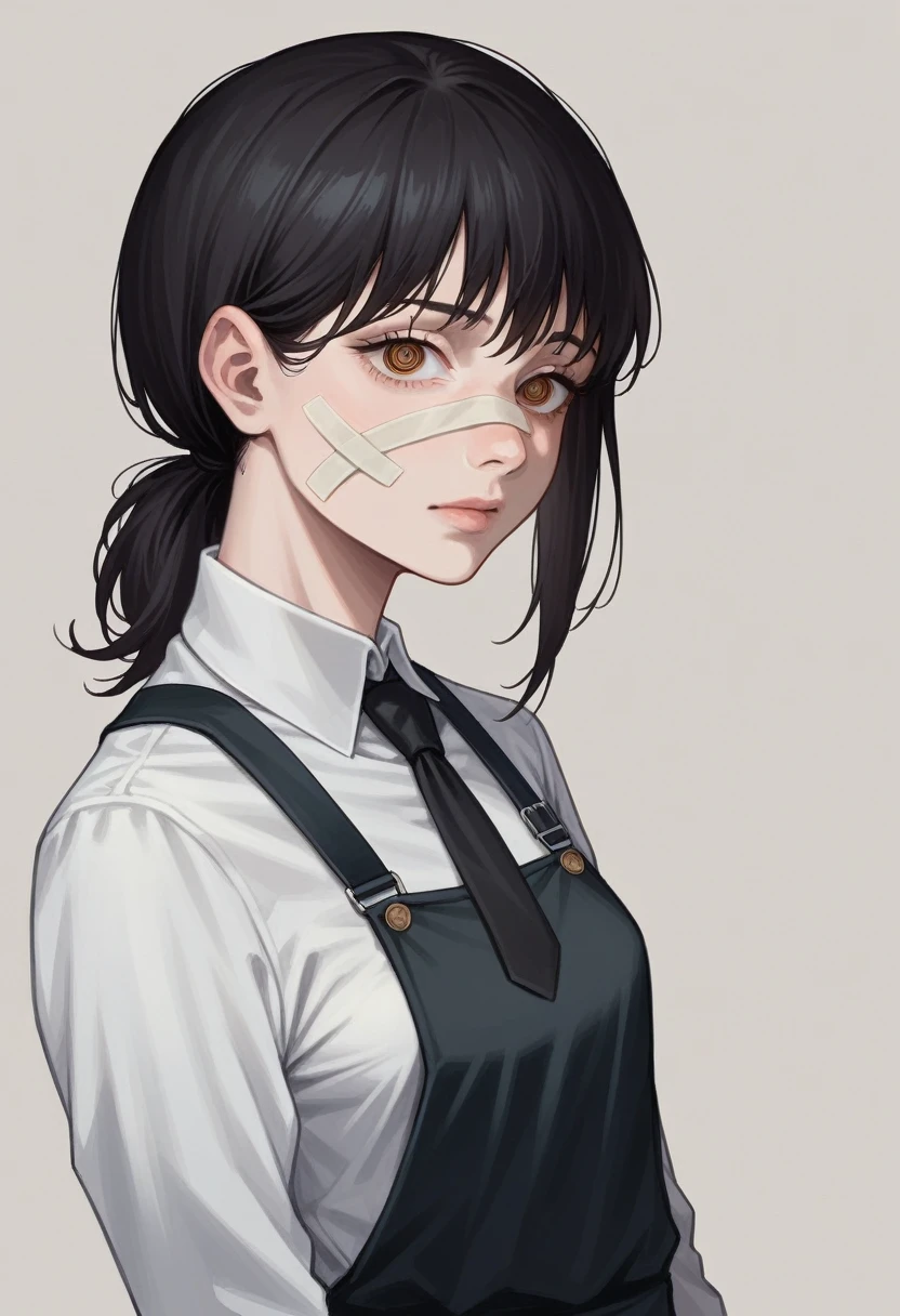 ((masterpiece, Highest quality)), (One girl), (alone), (Focus on women), night (Chainsaw Man),(Highly detailed face, The real picture, Realistic white skin, Realistic body, Intricate details), Upper Body, Severe , Brown eyes, Looking at the audience, bandage over the body, Black Hair, Long sleeve shirt, Pinafore dress, Black tie, bandage, bandage, Small breasts
