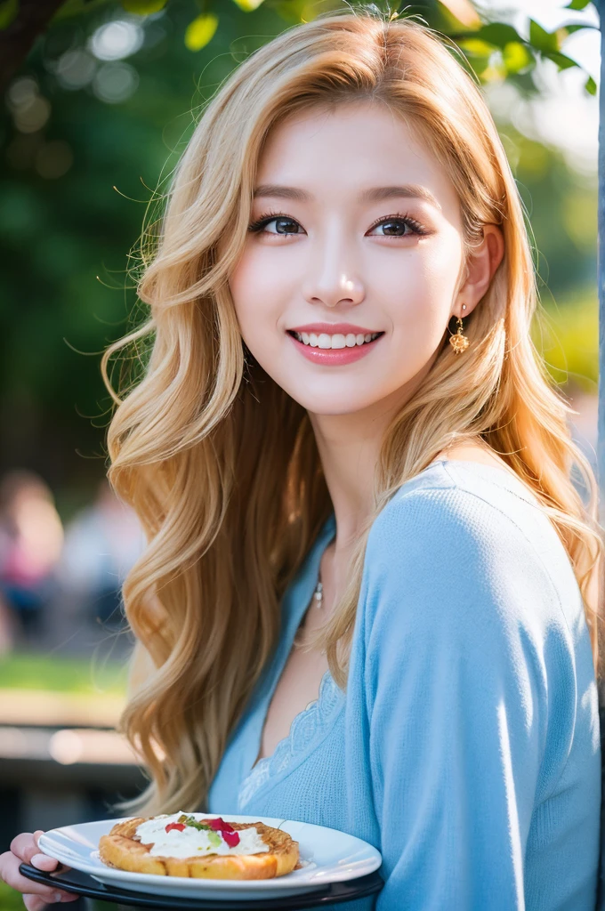 Photo of a 20-year-old Russian woman, born, Beautiful woman, (Long wavy blonde hair), ((Portraiture)), ((detailed face:1.2)), ((detailedな顔の特徴)), (Detailed skin), Pale skin,garden, London debterris Wheel、debtんわり谷間が見えるワンピース、Sexy(Cold colors), Moist, Reflective plate, (Tabletop) (Perfect Proportions)(Photo Real)(Highest quality) (detailed) Photographed with Canon EOS R5, 50mm lens, debt/2.8, んdebtdebt, (Grin) (wallpaper) (Cinema Lighting) (Dramatic lighting) (Sharp focus) (Complex) debtashion,