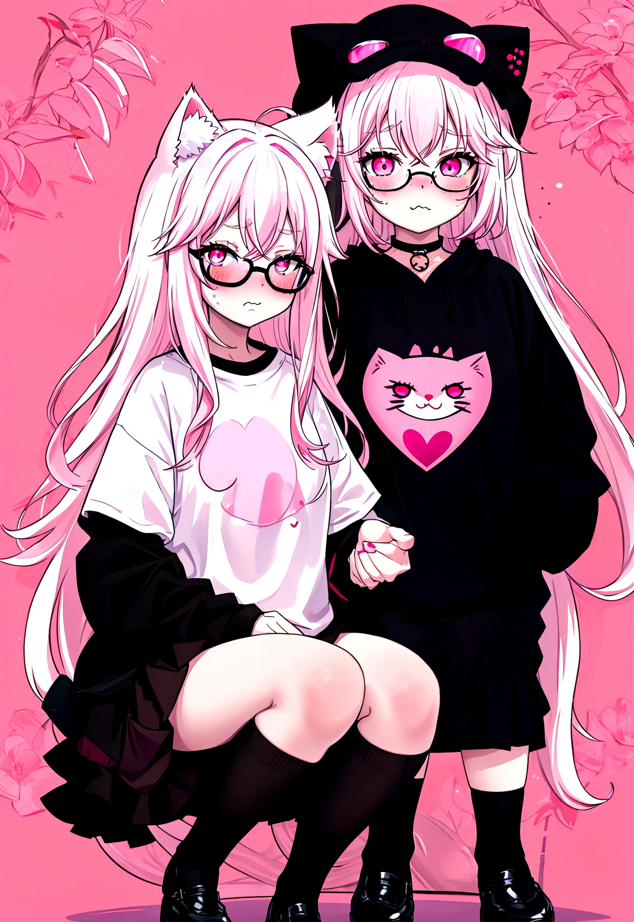 I have white pink hair, cat ears, A good, my face is super red, black glasses, pink heart eyes, a big pink sweatshirt, a black skirt, black stockings, White shoes, A cat&#39;s cola, a woman. Very shy he is holding his tail