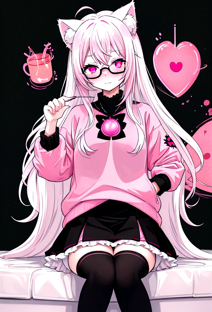 I have white pink hair, cat ears, A good, my face is super red, black glasses, pink heart eyes, a big pink sweatshirt, a black skirt, black stockings, White shoes, A cat&#39;s cola, a woman. Very shy he is holding his tail