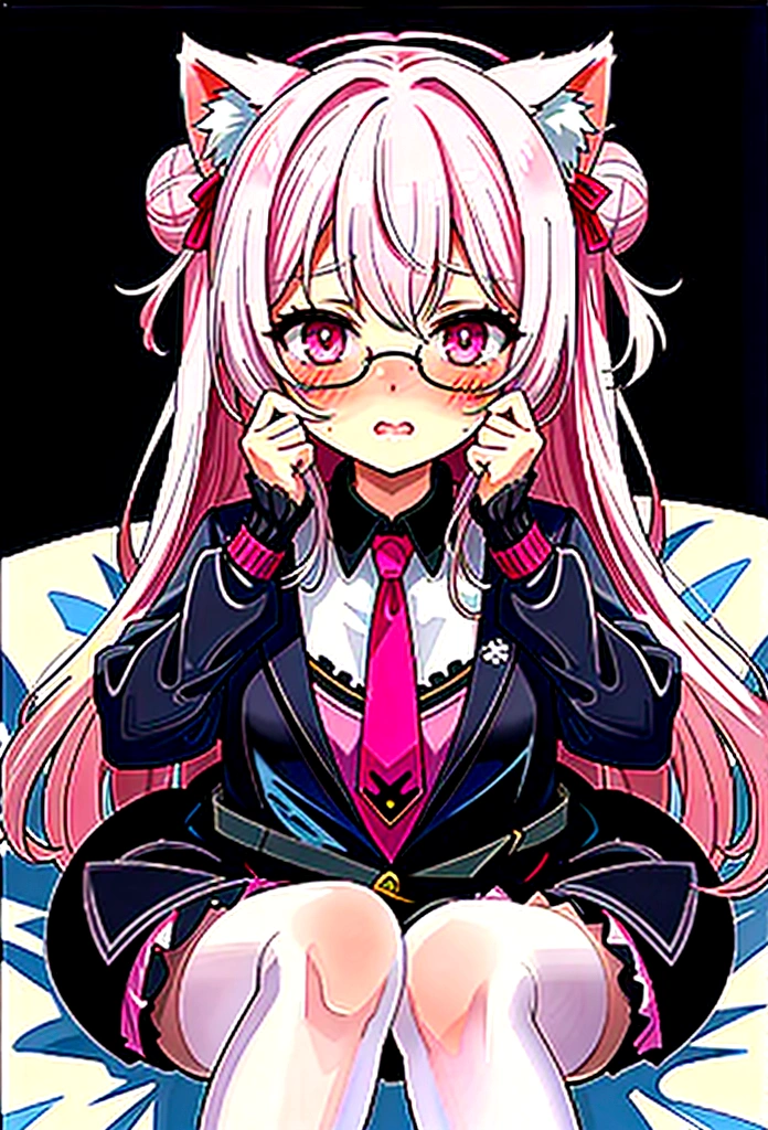 I have white pink hair, cat ears, a bun, my face is super blushing, black glasses, pink heart eyes, and if you could, in lingerie, black stockings, a cat&#39;s tail, a very shy girl, that you are lying on your bed how suspicious it is very small