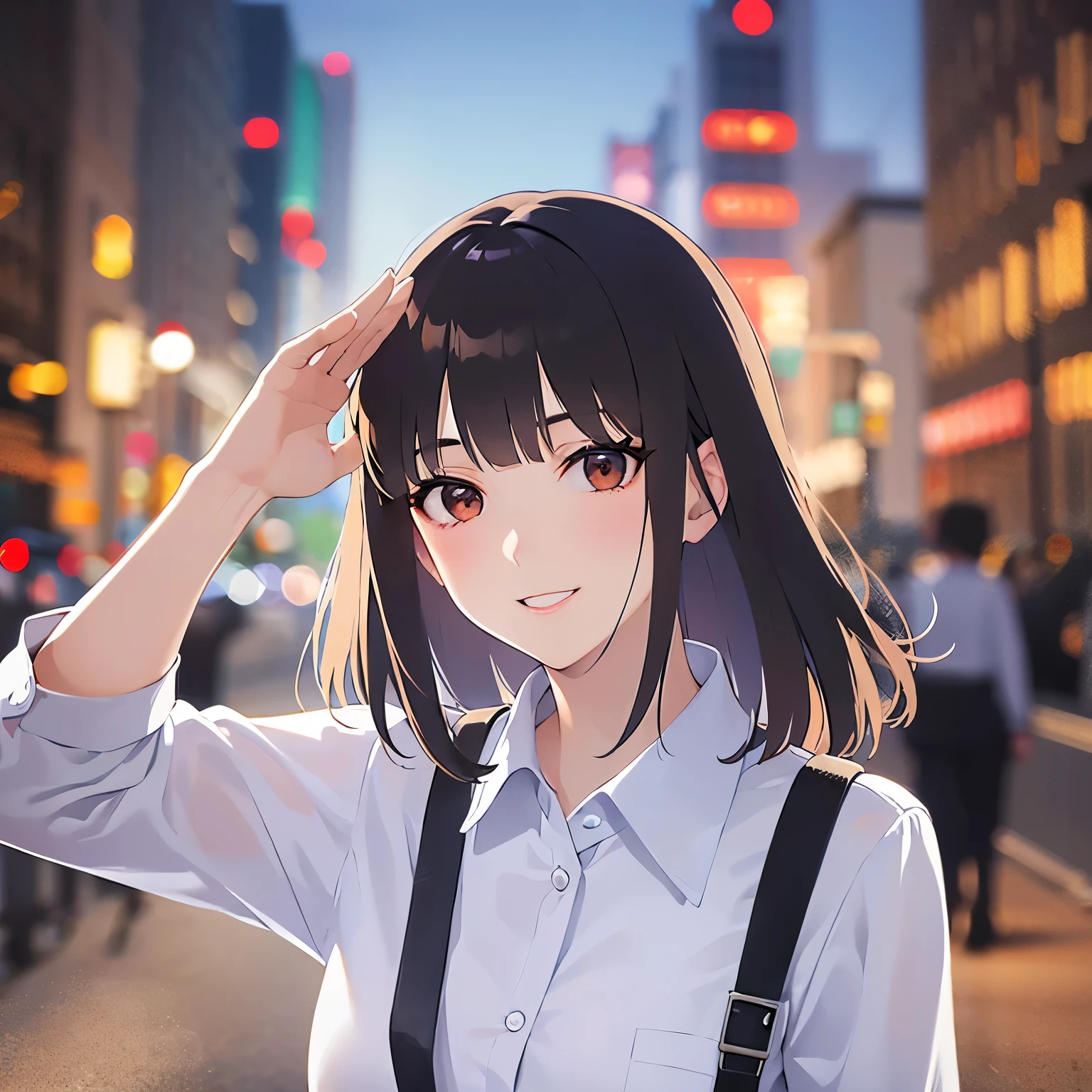lookin at viewer,upper Body, salute、
Realistic, real person, (pale skin: 1.2), RAW photo, photorealistic, shiny skin, shiny hair、 (A 25-year-old woman with bob hair and bangs:1.5) and (wavy hair) and (brown hair) and (Orange Eyes)、
(business suit:1.5)and (Wearing a white collared shirt)、
blush,(smile:1.5),The background is the city at night、Night Sky