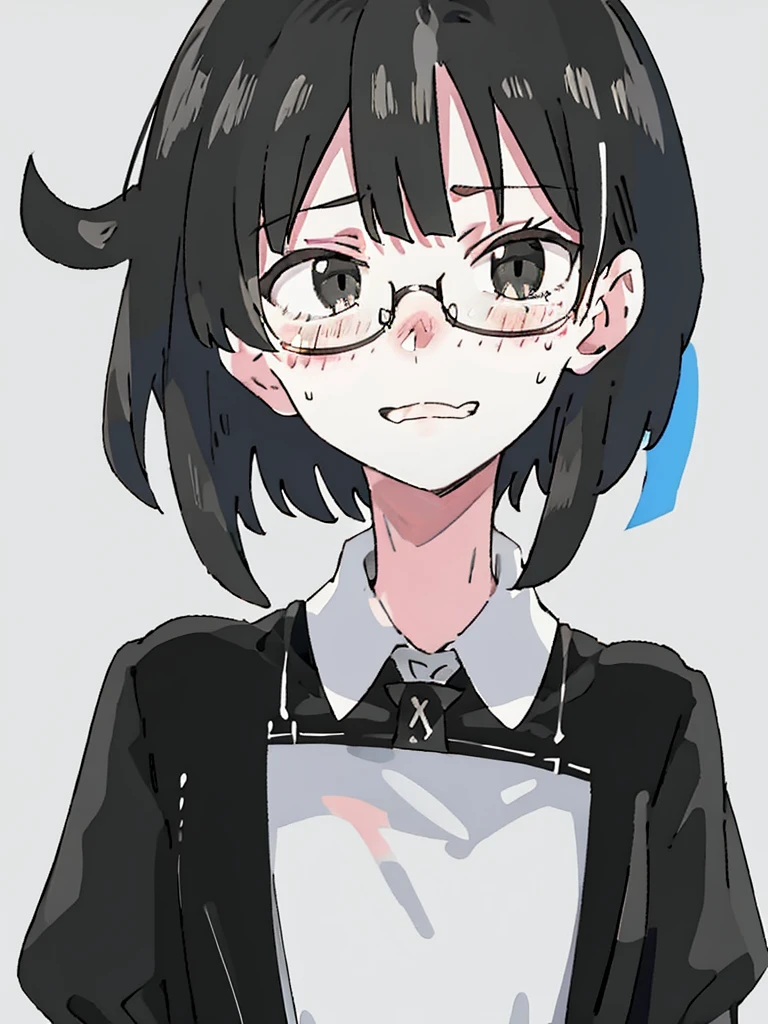 Alone,tmasterpiece,Best quality at best,Upper part of the body,A cool girl,black color hair,messy, very super short hair, guy hair, wearing glasses,extra very short hair, hair reached only earale hairstyles,Neutral wind,The shirt,goth style girl,tomboyish girluscular,white theme,flatcolors, dull face, blushed, tsundere, acting angry.