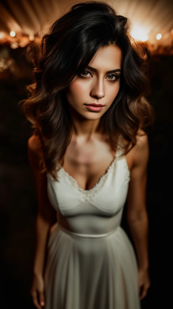 (beauty 1.3) Photo (((Photo de cuerpo completo))) of a lively Italian girl, striking eyes, long curly and voluminous hair, some curls escaping around her face and neck, two long curls that fall on her shoulders (side bangs), ((hair between the eyes)), subtle lip gloss, Closed mouth, slight smile, light blush, wearing black leather corset, (neckline), bare shoulders, collar, look at the viewer, seductive expression, sensual look, (Full body shot: 1.8 ) studio lighting, filmed with a Hasselblad in the style of (suze randall:1.3) high detail, Intricate and detailed face, detailed eyes, long eyelashes, smoky eyes, dark eye shadow, detailed skin, shallow depth of field, rustic background, She radiates confidence, its magnetic presence enhanced by the aromatic charm. Estudio Photográfico profesional. Imagen Photorrealista, RAW, bokeh, soft focus. Soft light coming from behind creating a dreamlike atmosphere.