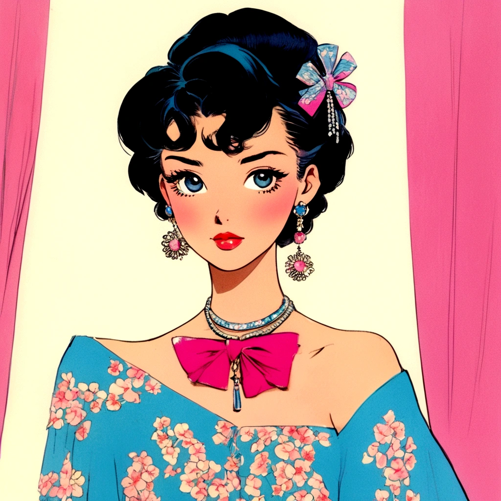 A retro girl,Eighties,Retro Hong Kong style，Vintage pictorial，Showa manga，1990s animation style，Vintage jewelry，Black short hair，earrings，necklace，Blue Eyes，Bow，Bust，clavicle，Pink lips，Off-shoulder tops，黑色necklace，Bangs，Simple background,high quality，4K