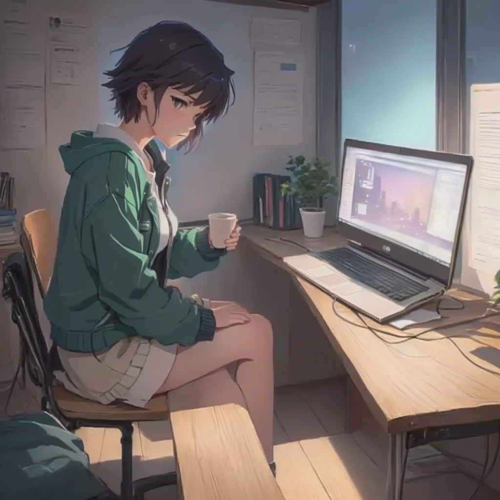 Anime girl sitting at a desk with a laptop and a book, Lo-fi art style, Anime Aesthetics, Lo-fi Girl, Anime Background Art, Studio Greeble Makoto Shinkai, Lo-fi Girl aesthetic, Makoto Shinkai style, In the style of Makoto Shinkai, ( ( makoto shinkai ) ), Relaxing environment, Makoto Shinkai's art style