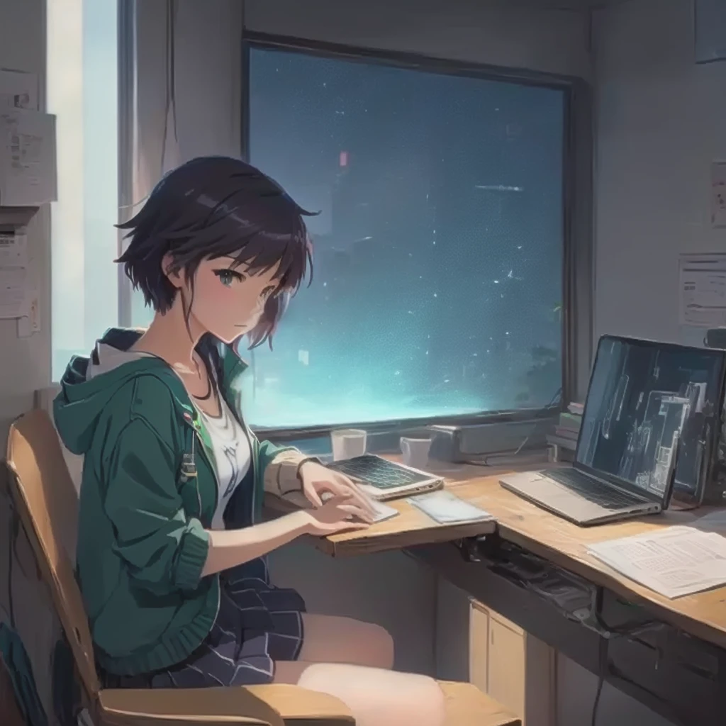 Anime girl sitting at a desk with a laptop and a book, Lo-fi art style, Anime Aesthetics, Lo-fi Girl, Anime Background Art, Studio Greeble Makoto Shinkai, Lo-fi Girl aesthetic, Makoto Shinkai style, In the style of Makoto Shinkai, ( ( makoto shinkai ) ), Relaxing environment, Makoto Shinkai&#39;s art style